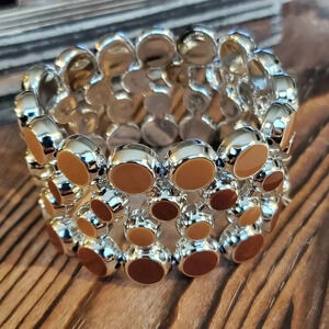 Mid Century Modern Style Wide Acrylic Stretch Bracelet Brown Silver